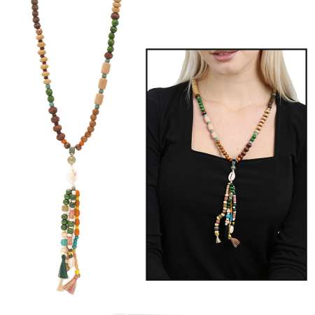 El Yapımı Etnik Ahşap Kombinli Yeşil Renk Geçişli Deniz Kabuğu Detaylı Otantik Kolye - Tesbihane