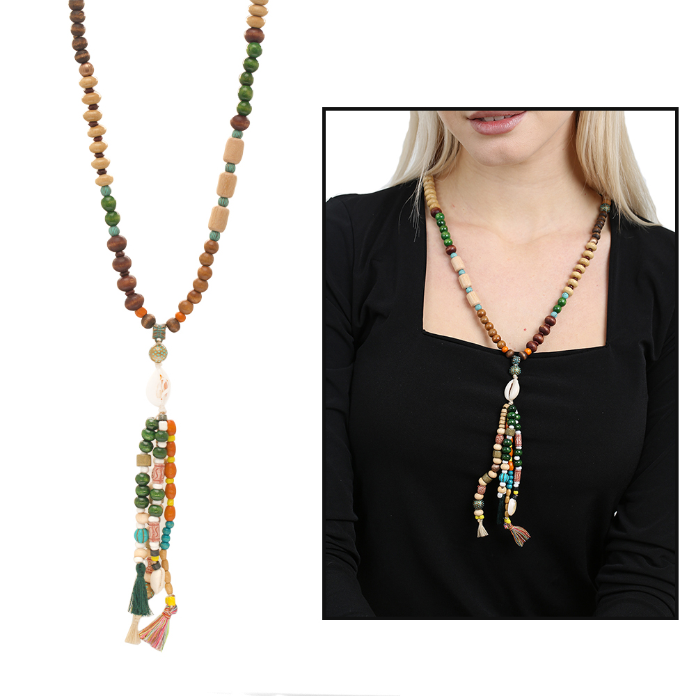 El Yapımı Etnik Ahşap Kombinli Yeşil Renk Geçişli Deniz Kabuğu Detaylı Otantik Kolye - 1