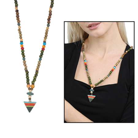 El Yapımı Etnik Ahşap Kombinli Yeşil Renk Geçişli Mızrak Uçlu Otantik Kolye - Tesbihane