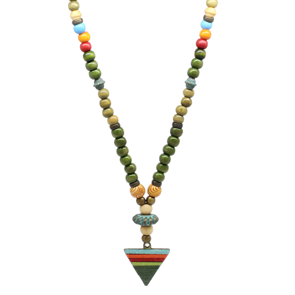 El Yapımı Etnik Ahşap Kombinli Yeşil Renk Geçişli Mızrak Uçlu Otantik Kolye - 8