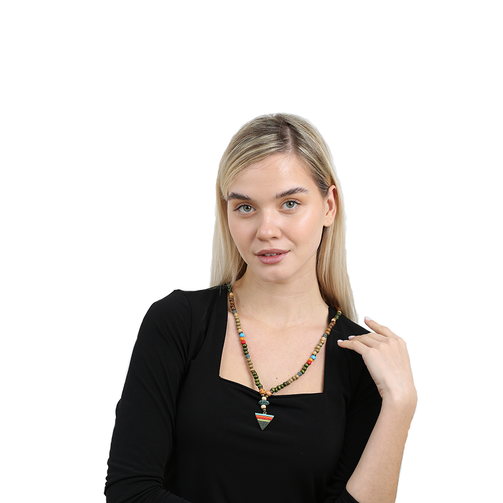 El Yapımı Etnik Ahşap Kombinli Yeşil Renk Geçişli Mızrak Uçlu Otantik Kolye - 6