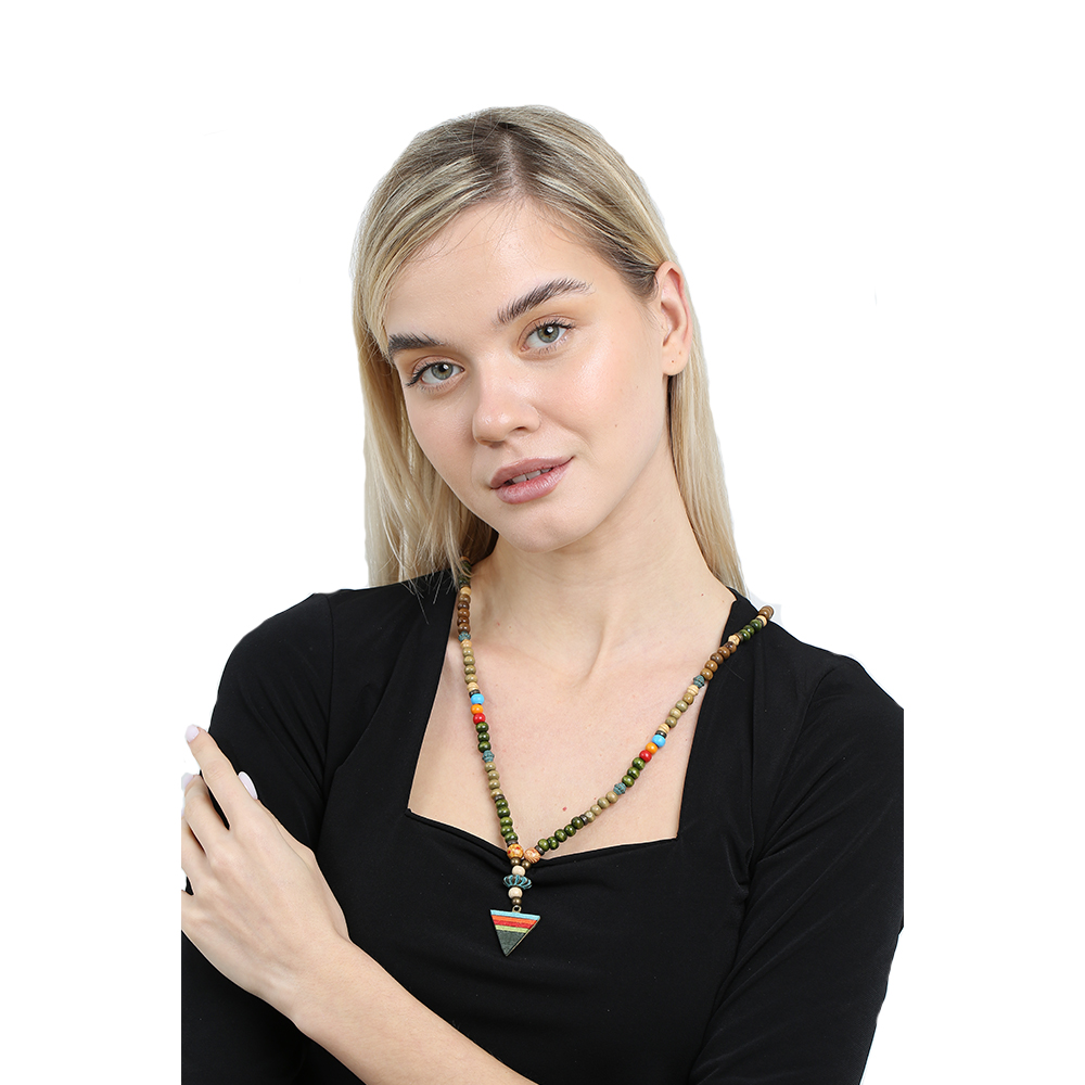 El Yapımı Etnik Ahşap Kombinli Yeşil Renk Geçişli Mızrak Uçlu Otantik Kolye - 5