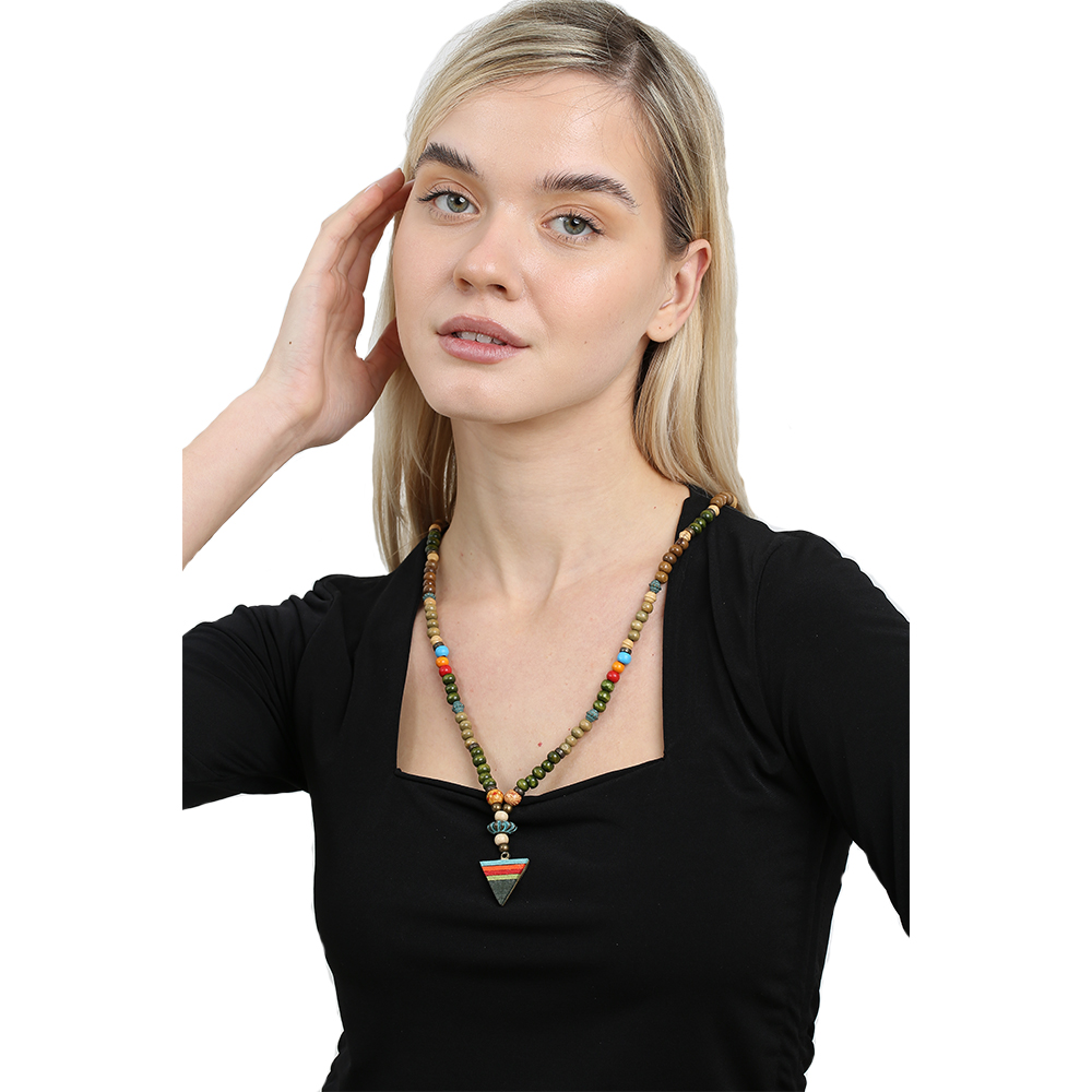 El Yapımı Etnik Ahşap Kombinli Yeşil Renk Geçişli Mızrak Uçlu Otantik Kolye - 4