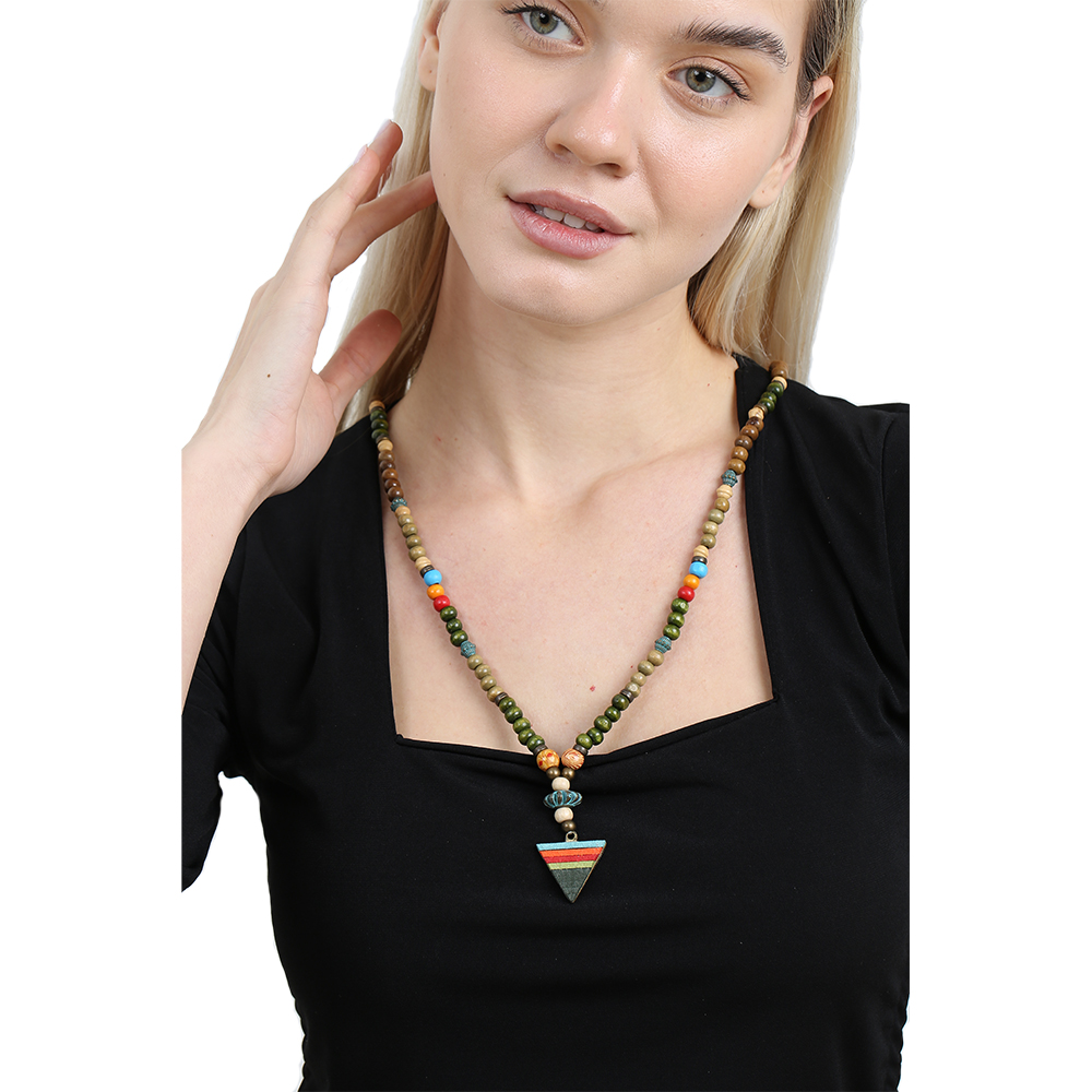 El Yapımı Etnik Ahşap Kombinli Yeşil Renk Geçişli Mızrak Uçlu Otantik Kolye - 3