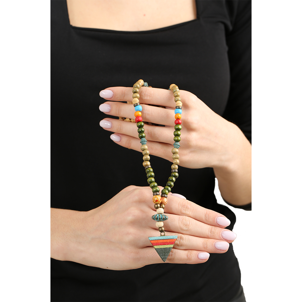 El Yapımı Etnik Ahşap Kombinli Yeşil Renk Geçişli Mızrak Uçlu Otantik Kolye - 2