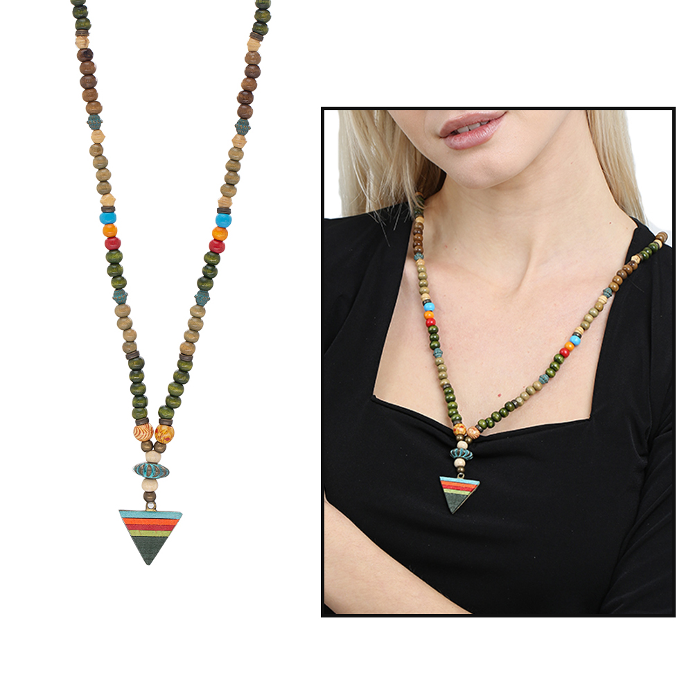 El Yapımı Etnik Ahşap Kombinli Yeşil Renk Geçişli Mızrak Uçlu Otantik Kolye - 1