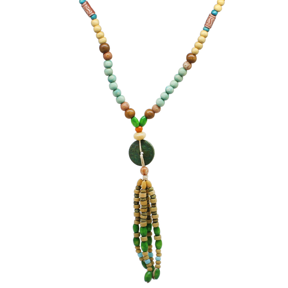 El Yapımı Etnik Ahşap Kombinli Yeşil Renk Geçişli Tekerlek Detaylı Otantik Kolye - 7