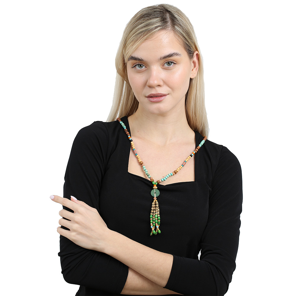 El Yapımı Etnik Ahşap Kombinli Yeşil Renk Geçişli Tekerlek Detaylı Otantik Kolye - 5