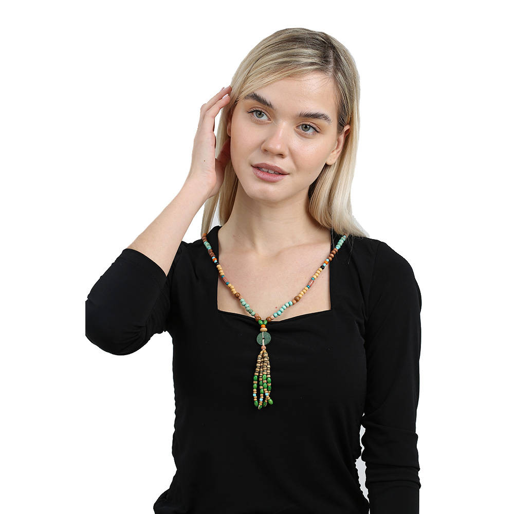 El Yapımı Etnik Ahşap Kombinli Yeşil Renk Geçişli Tekerlek Detaylı Otantik Kolye - 6