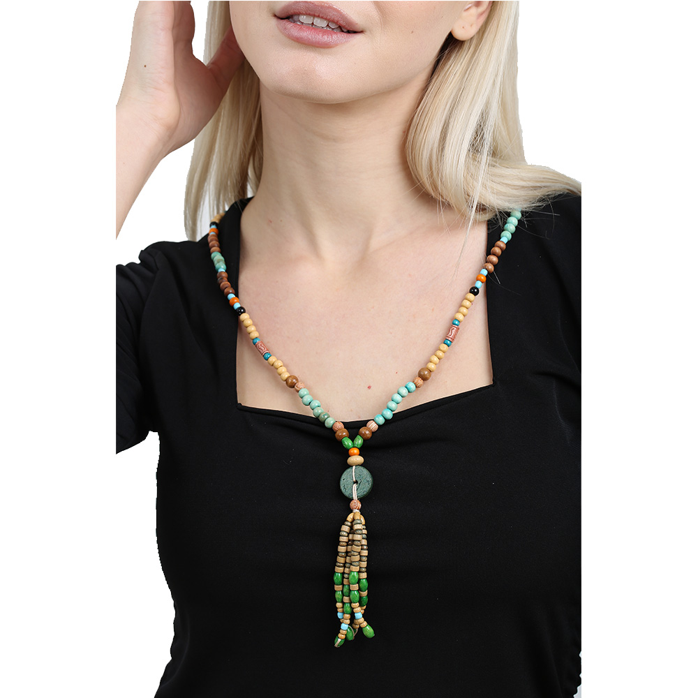 El Yapımı Etnik Ahşap Kombinli Yeşil Renk Geçişli Tekerlek Detaylı Otantik Kolye - 3