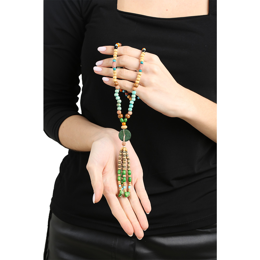 El Yapımı Etnik Ahşap Kombinli Yeşil Renk Geçişli Tekerlek Detaylı Otantik Kolye - 4