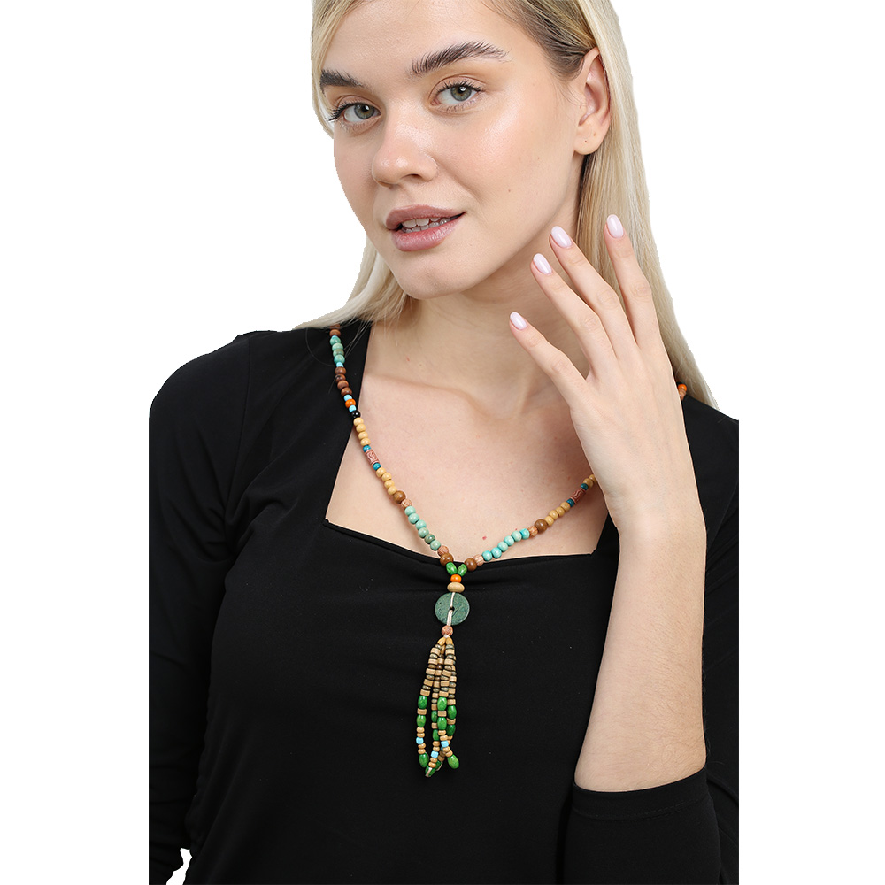 El Yapımı Etnik Ahşap Kombinli Yeşil Renk Geçişli Tekerlek Detaylı Otantik Kolye - 2