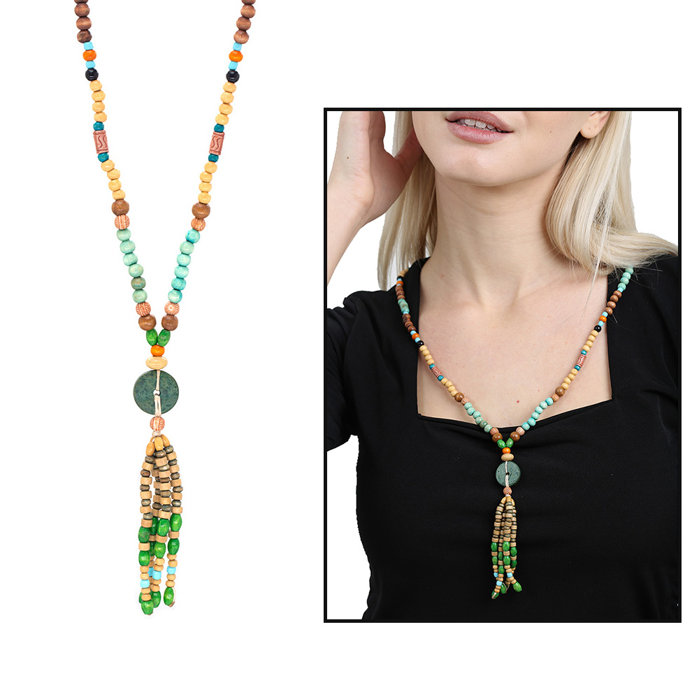 El Yapımı Etnik Ahşap Kombinli Yeşil Renk Geçişli Tekerlek Detaylı Otantik Kolye - 1