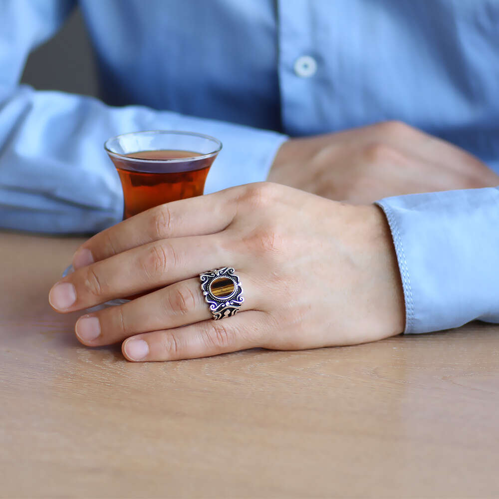 Elegance Tasarım Kaplangözü Taşlı 925 Ayar Gümüş Erkek Yüzük - 2