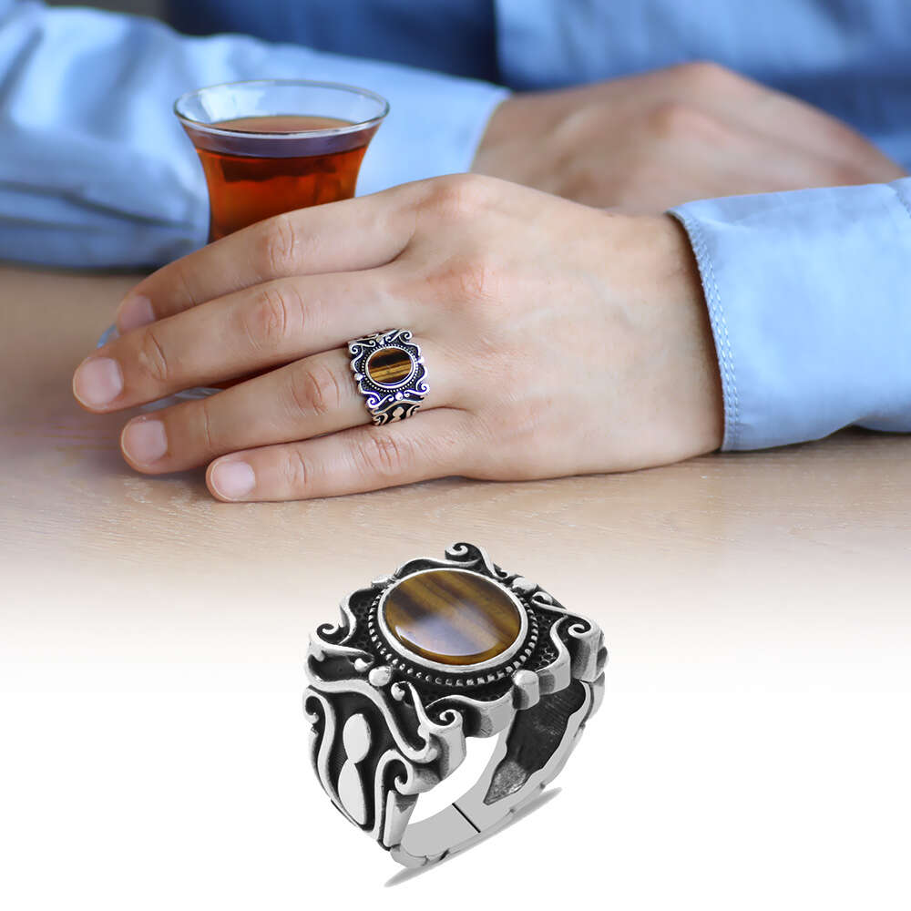 Elegance Tasarım Kaplangözü Taşlı 925 Ayar Gümüş Erkek Yüzük - 1