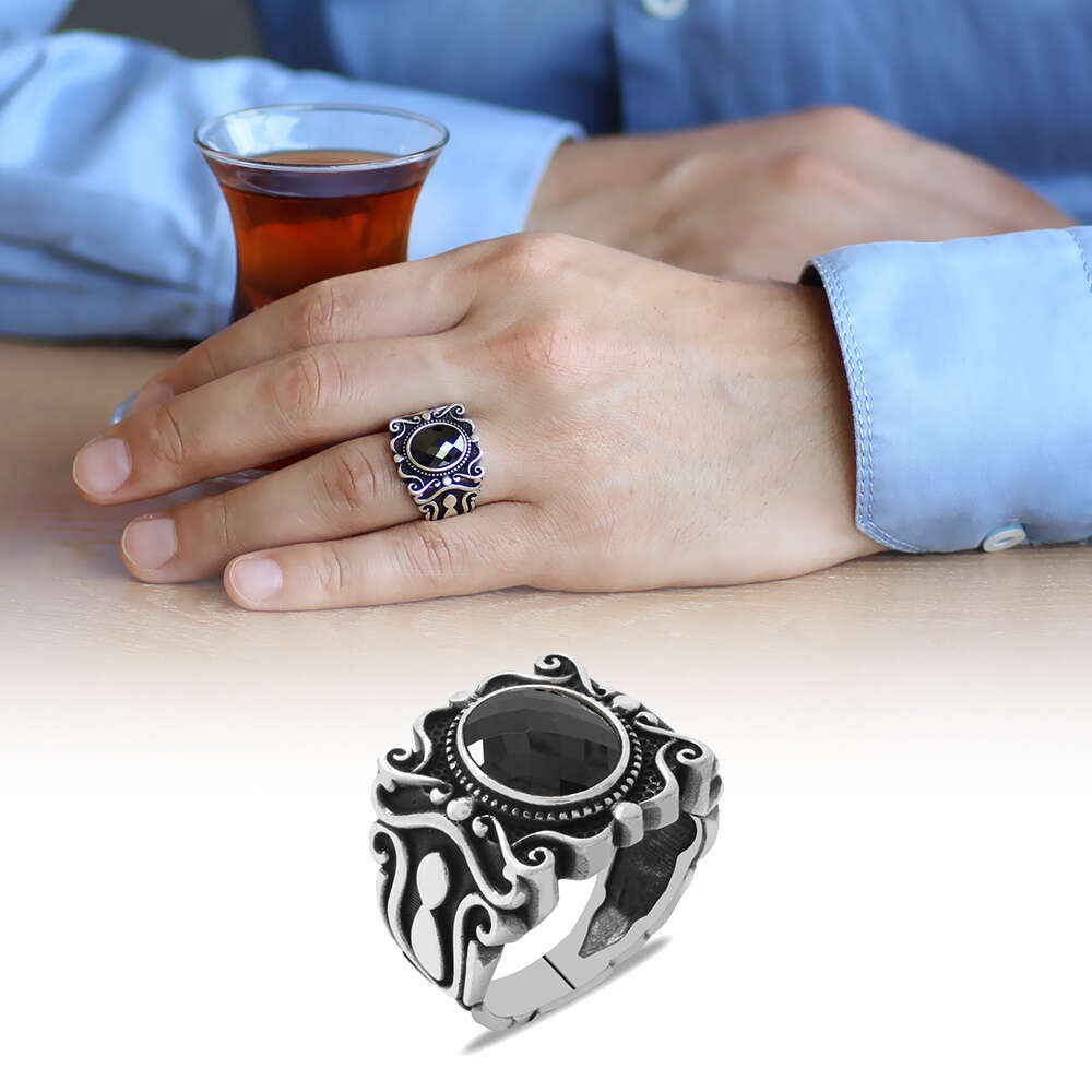 Elegance Tasarım Siyah Zirkon Taşlı 925 Ayar Gümüş Erkek Yüzük - 1