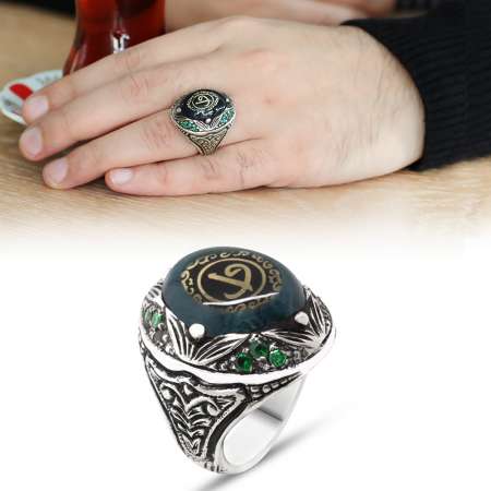 Elif Vav Yazılı Yeşil Sıkma Kehribar Taşlı 925 Ayar Gümüş Erkek Yüzük - Tesbihane