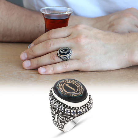 Elif Yazılı Mavi Sıkma Kehribar Taşlı 925 Ayar Gümüş Erkek Yüzük - Tesbihane