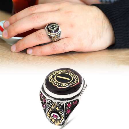 Elif Yazılı Sıkma Kehribar Taşlı 925 Ayar Gümüş Erkek Yüzük - M3 - Tesbihane