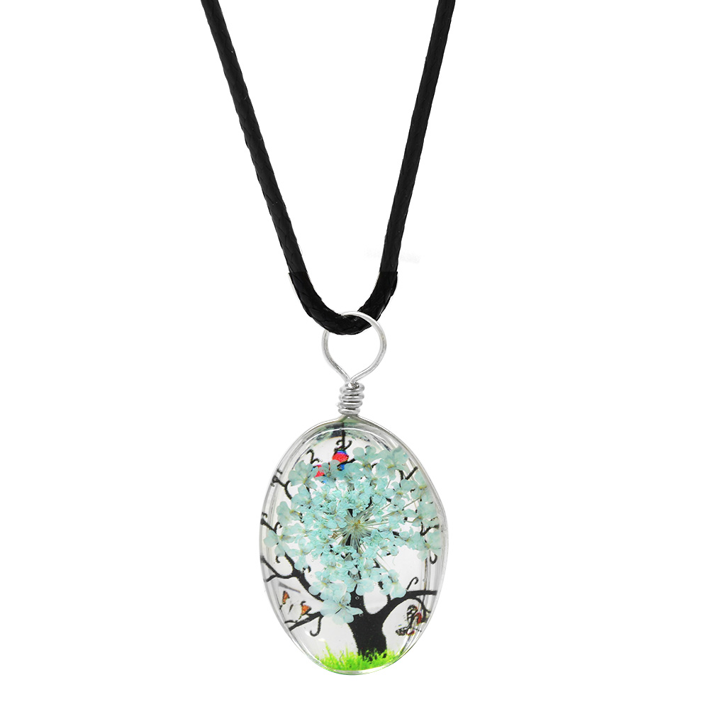 Elips Tasarım Beyaz Çiçekli Doğa Temalı El Yapımı Natural Reçine Kolye - 1