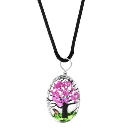 Elips Tasarım Fuşya Çiçekli Doğa Temalı El Yapımı Natural Reçine Kolye - Tesbihane