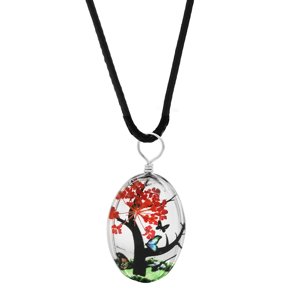 Elips Tasarım Kırmızı Çiçekli Doğa Temalı El Yapımı Natural Reçine Kolye - 2