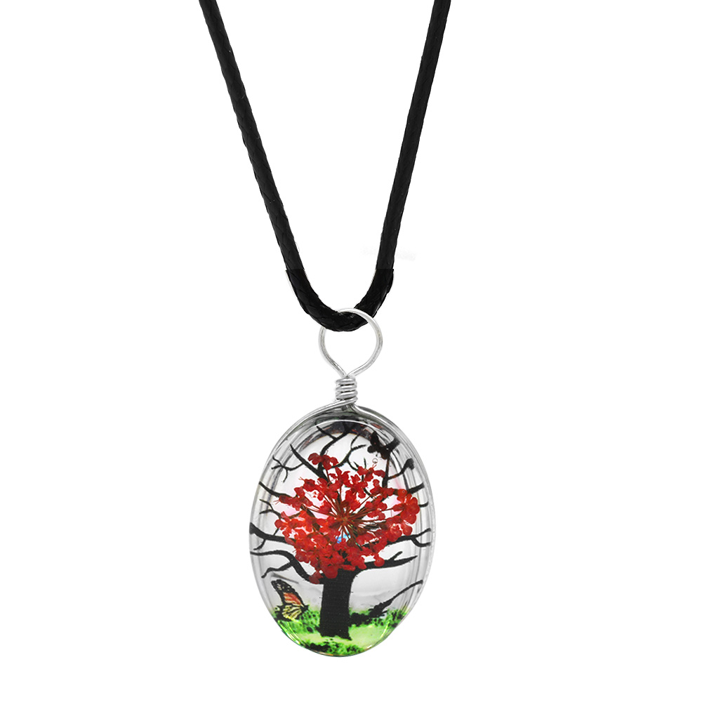 Elips Tasarım Kırmızı Çiçekli Doğa Temalı El Yapımı Natural Reçine Kolye - 3