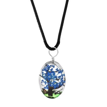 Elips Tasarım Mavi Çiçekli Doğa Temalı El Yapımı Natural Reçine Kolye - Tesbihane