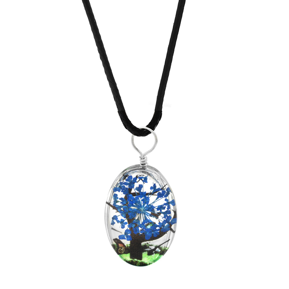 Elips Tasarım Mavi Çiçekli Doğa Temalı El Yapımı Natural Reçine Kolye - 1