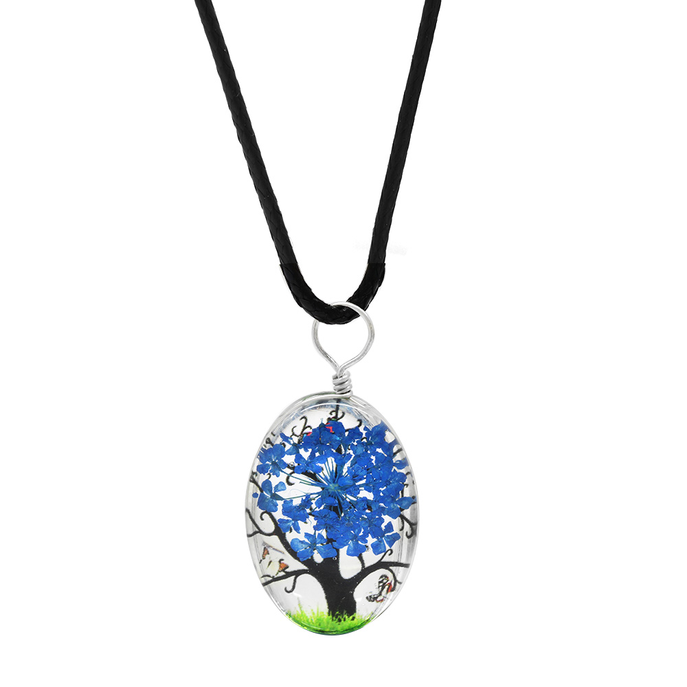 Elips Tasarım Mavi Çiçekli Doğa Temalı El Yapımı Natural Reçine Kolye - 2