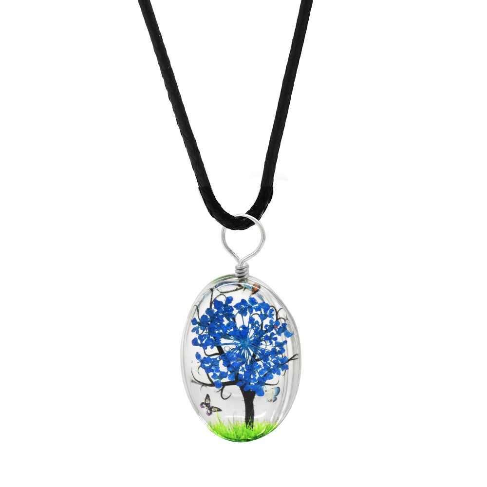 Elips Tasarım Mavi Çiçekli Doğa Temalı El Yapımı Natural Reçine Kolye - 3