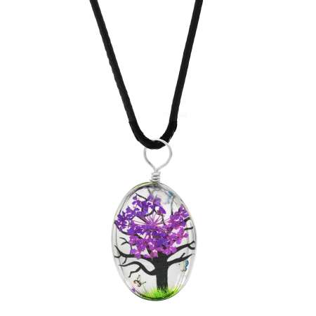Elips Tasarım Mor Çiçekli Doğa Temalı El Yapımı Natural Reçine Kolye - Tesbihane