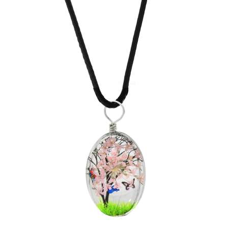 Elips Tasarım Pembe Çiçekli Doğa Temalı El Yapımı Natural Reçine Kolye - Tesbihane