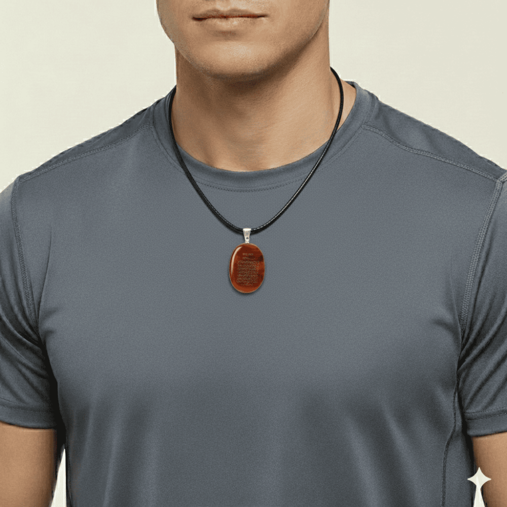 Erkek Akik Doğaltaş Cevşen Kolye - Üzeri Ayetel Kürsi Yazılı - Elips Tasarım - Kırmızı Renk - 2