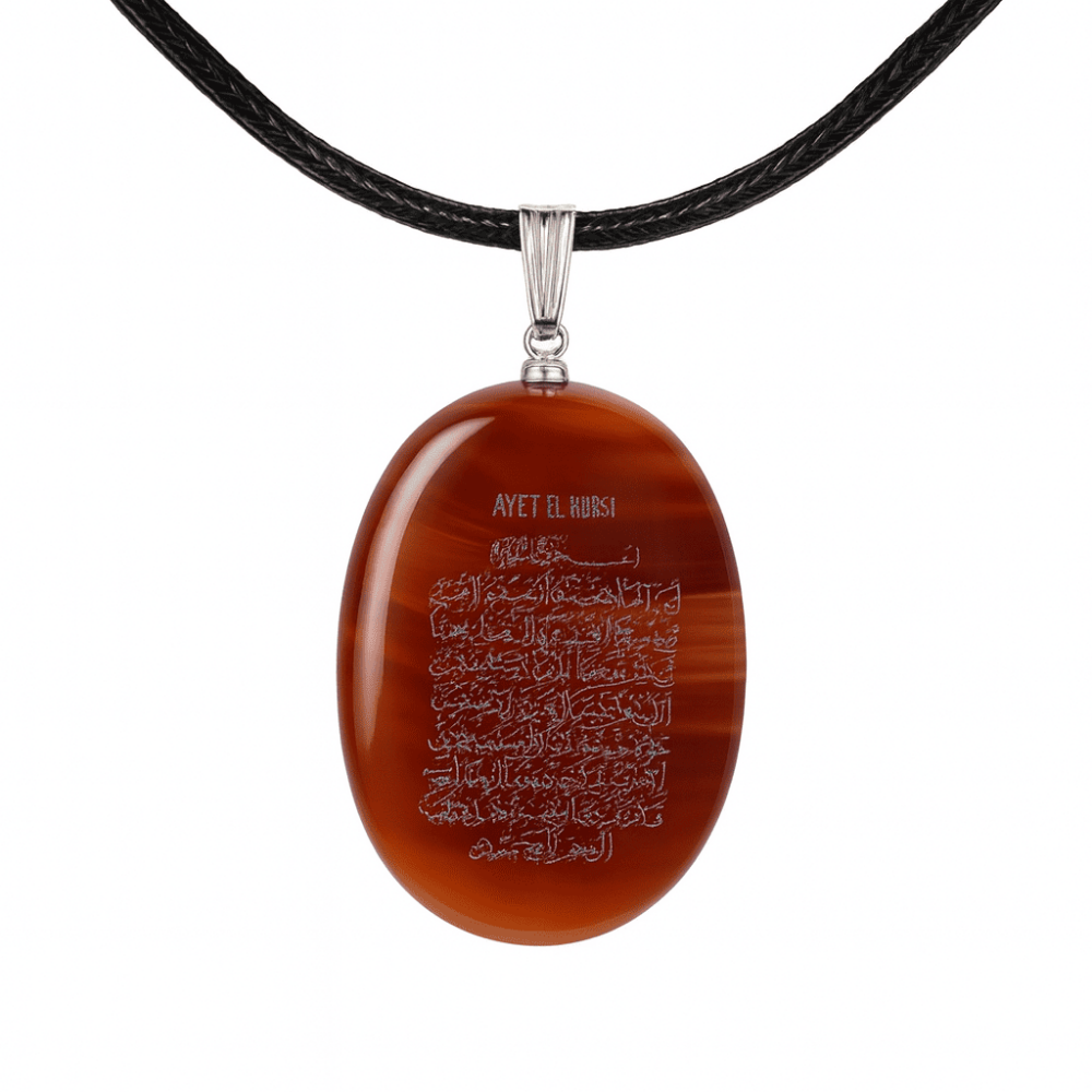 Erkek Akik Doğaltaş Cevşen Kolye - Üzeri Ayetel Kürsi Yazılı - Elips Tasarım - Kırmızı Renk - 4