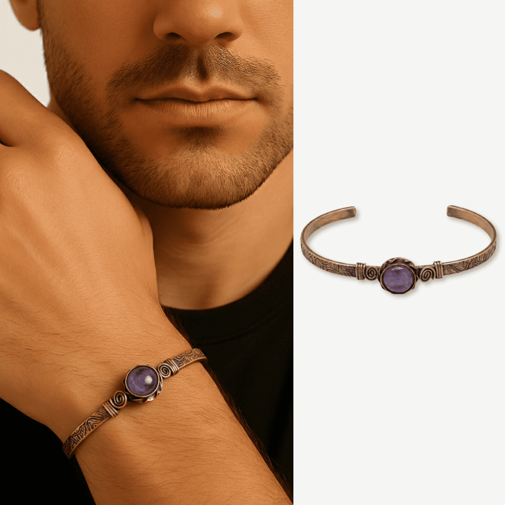 Erkek Bakır Bileklik - Ametist Doğaltaşlı - Otantik Tasarım - Ayarlanabilir Yapı - 1