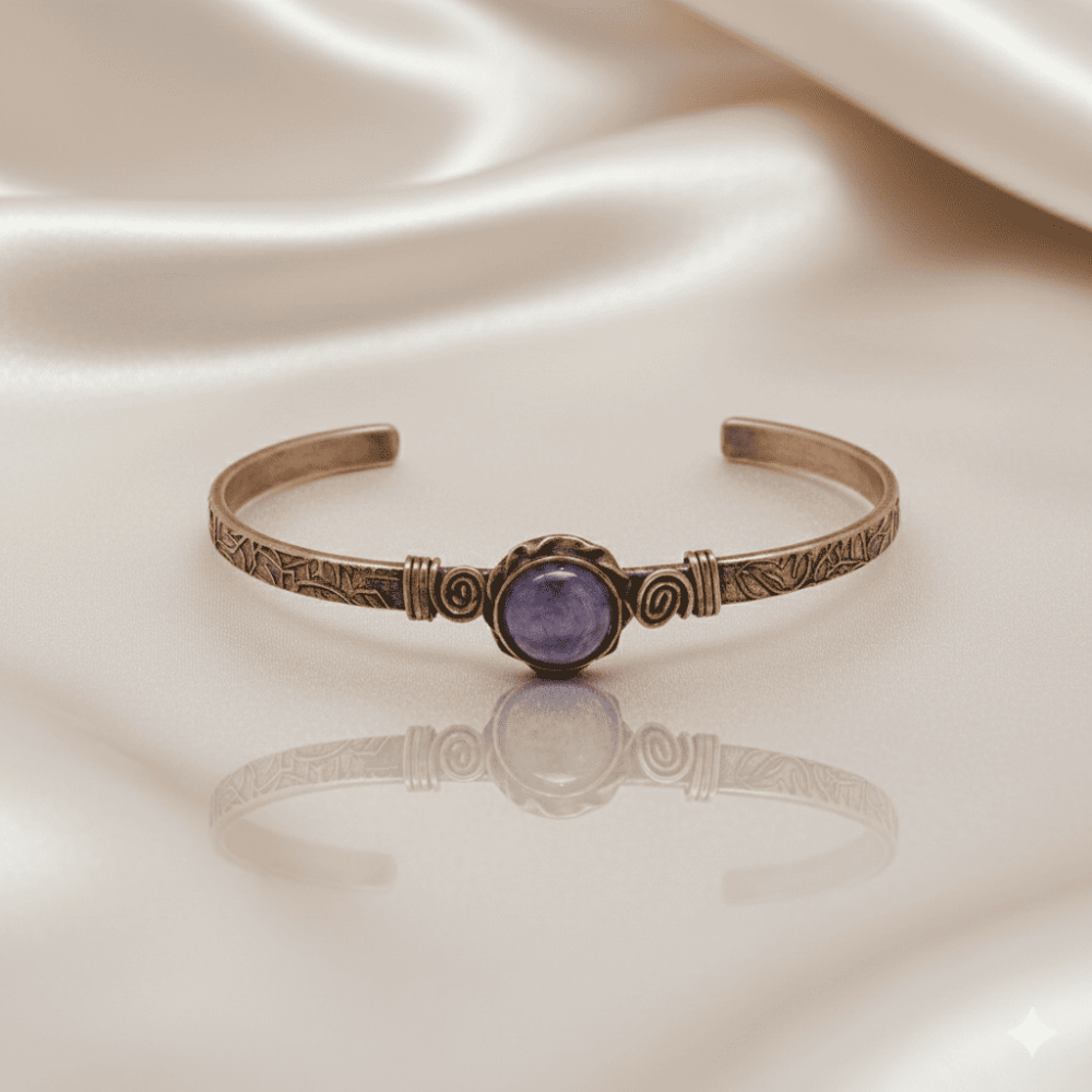 Erkek Bakır Bileklik - Ametist Doğaltaşlı - Otantik Tasarım - Ayarlanabilir Yapı - 3