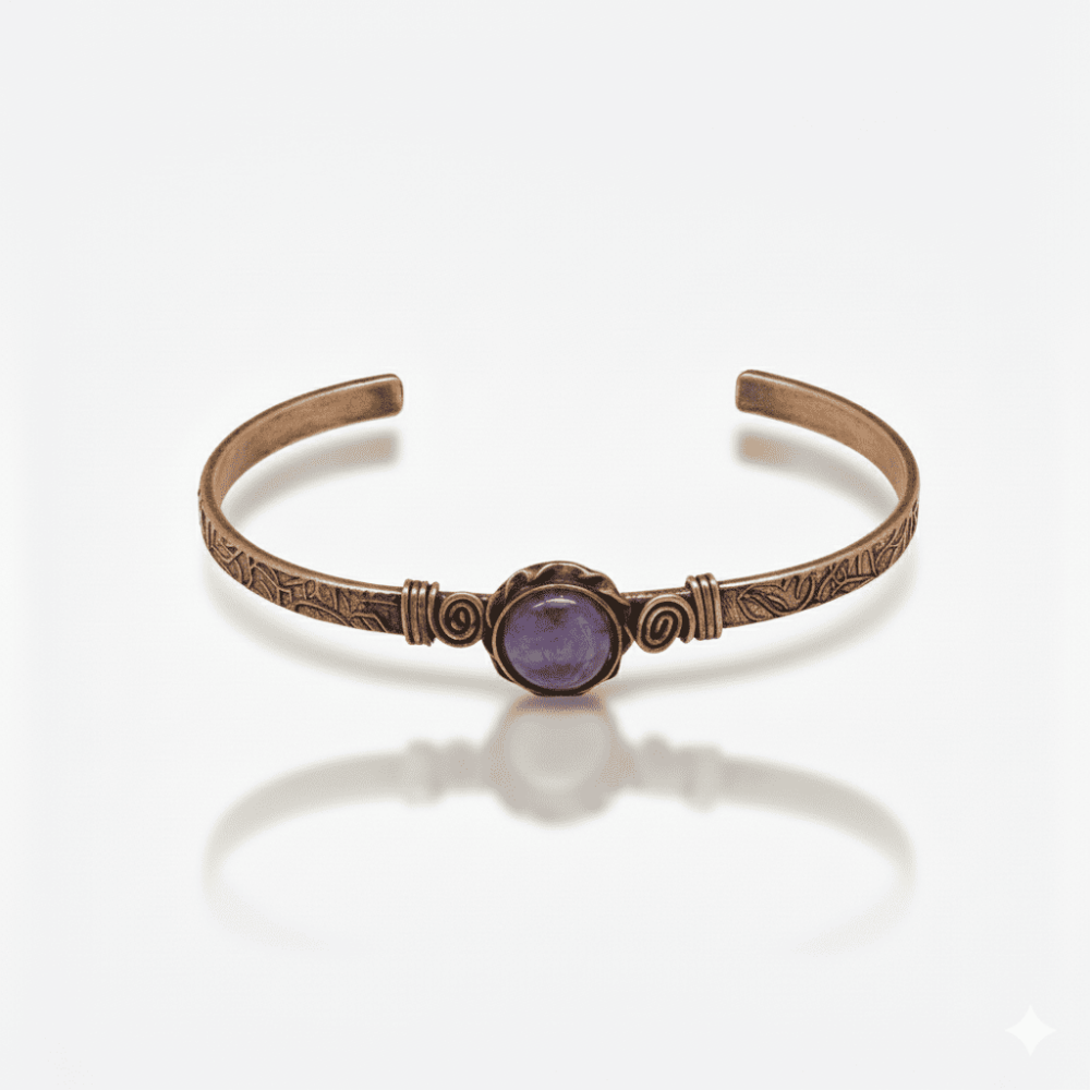 Erkek Bakır Bileklik - Ametist Doğaltaşlı - Otantik Tasarım - Ayarlanabilir Yapı - 4