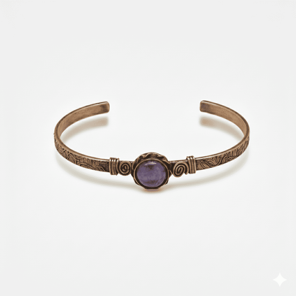Erkek Bakır Bileklik - Ametist Doğaltaşlı - Otantik Tasarım - Ayarlanabilir Yapı - 5