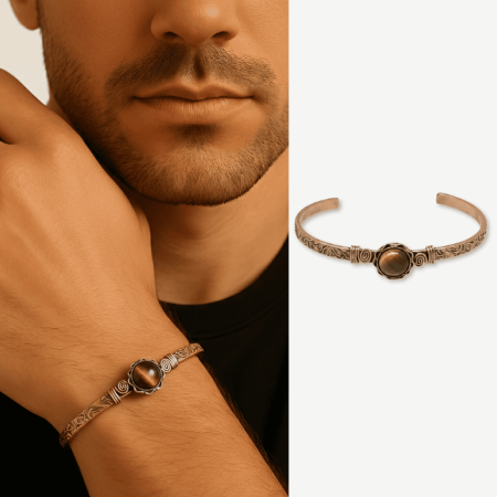 Erkek Bakır Bileklik - Kaplan Gözü Doğaltaşlı - Otantik Tasarım - Ayarlanabilir Yapı - Tesbihane