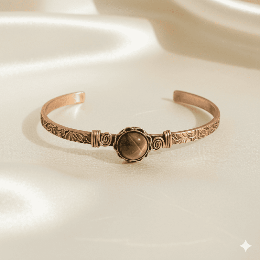 Erkek Bakır Bileklik - Kaplan Gözü Doğaltaşlı - Otantik Tasarım - Ayarlanabilir Yapı - 3