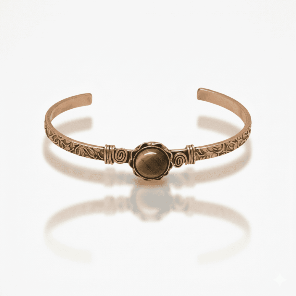 Erkek Bakır Bileklik - Kaplan Gözü Doğaltaşlı - Otantik Tasarım - Ayarlanabilir Yapı - 4