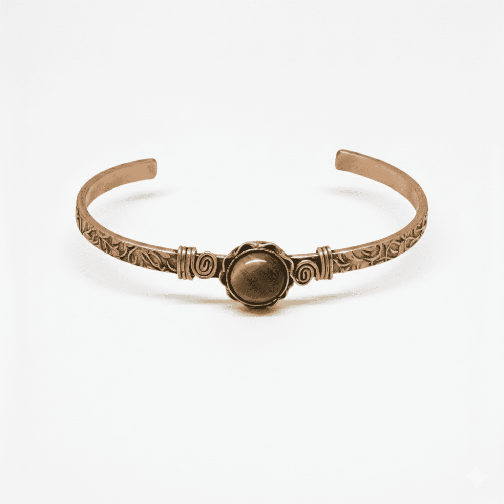 Erkek Bakır Bileklik - Kaplan Gözü Doğaltaşlı - Otantik Tasarım - Ayarlanabilir Yapı - 5