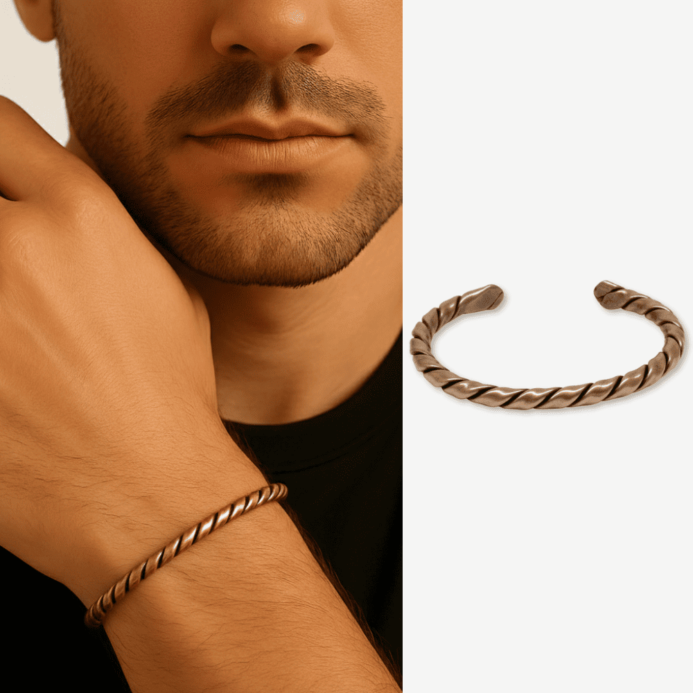 Erkek Bakır Bileklik - Otantik Oval Burma Tasarım - Ayarlanabilir Yapı - 1