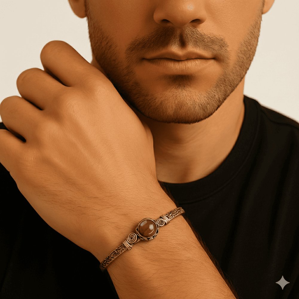 Erkek Bakır Bileklik - Pembe Kuvars Doğaltaşlı - Otantik Tasarım - Ayarlanabilir Yapı - 2