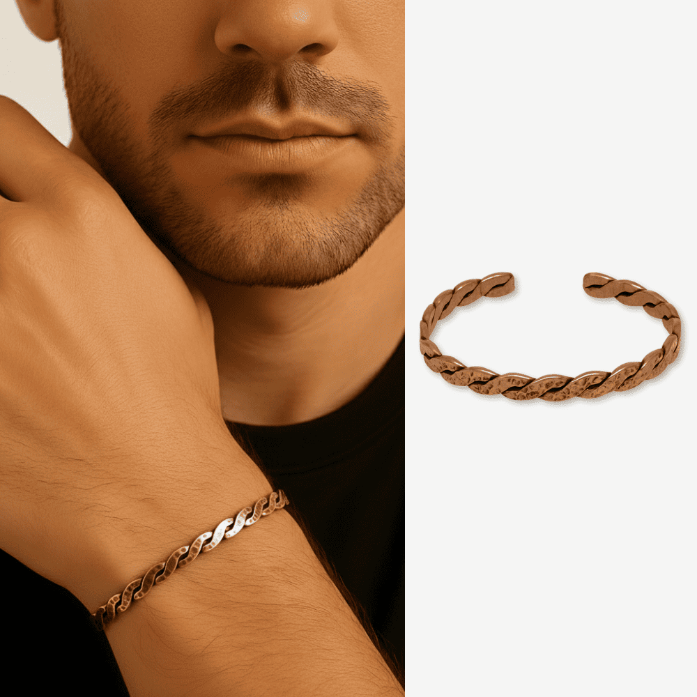 Erkek Bakır Bileklik - Taşlamalı Burma Model - Otantik Tasarım - Ayarlanabilir Yapı - 1