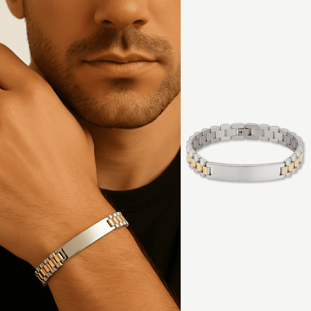 Erkek Çelik Bileklik - İsme Özel Yazılı - Gümüş Altın Renk - Kalın Formlu - 1
