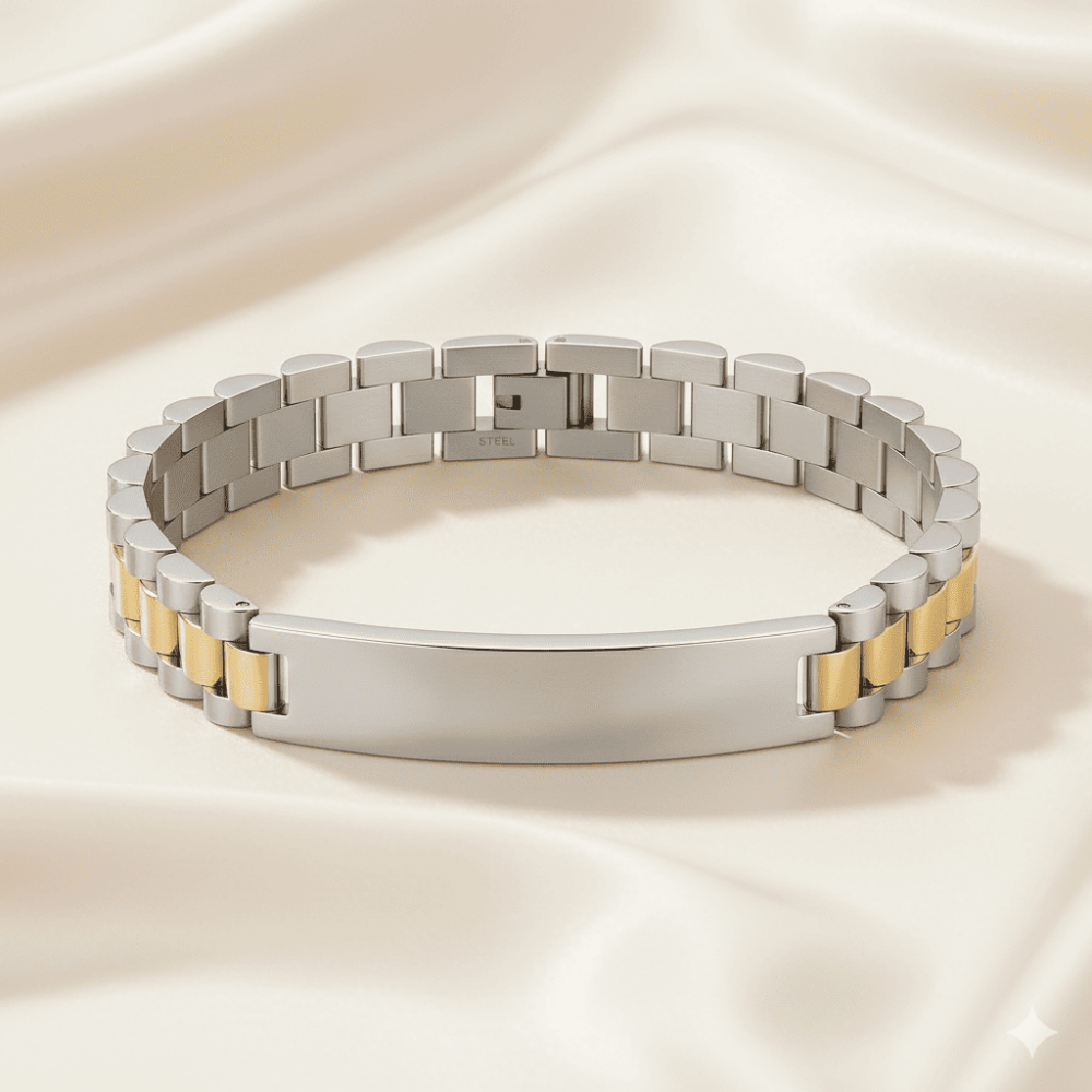 Erkek Çelik Bileklik - İsme Özel Yazılı - Gümüş Altın Renk - Kalın Formlu - 3