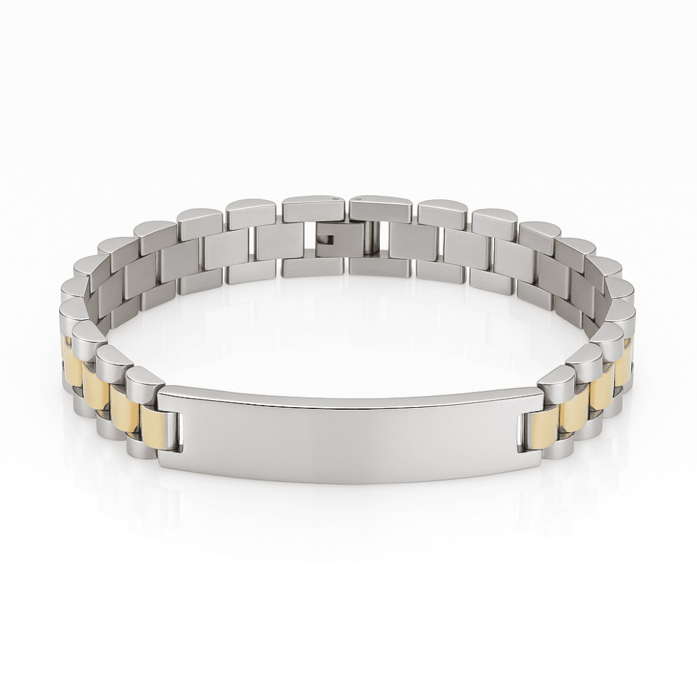 Erkek Çelik Bileklik - İsme Özel Yazılı - Gümüş Altın Renk - Kalın Formlu - 4