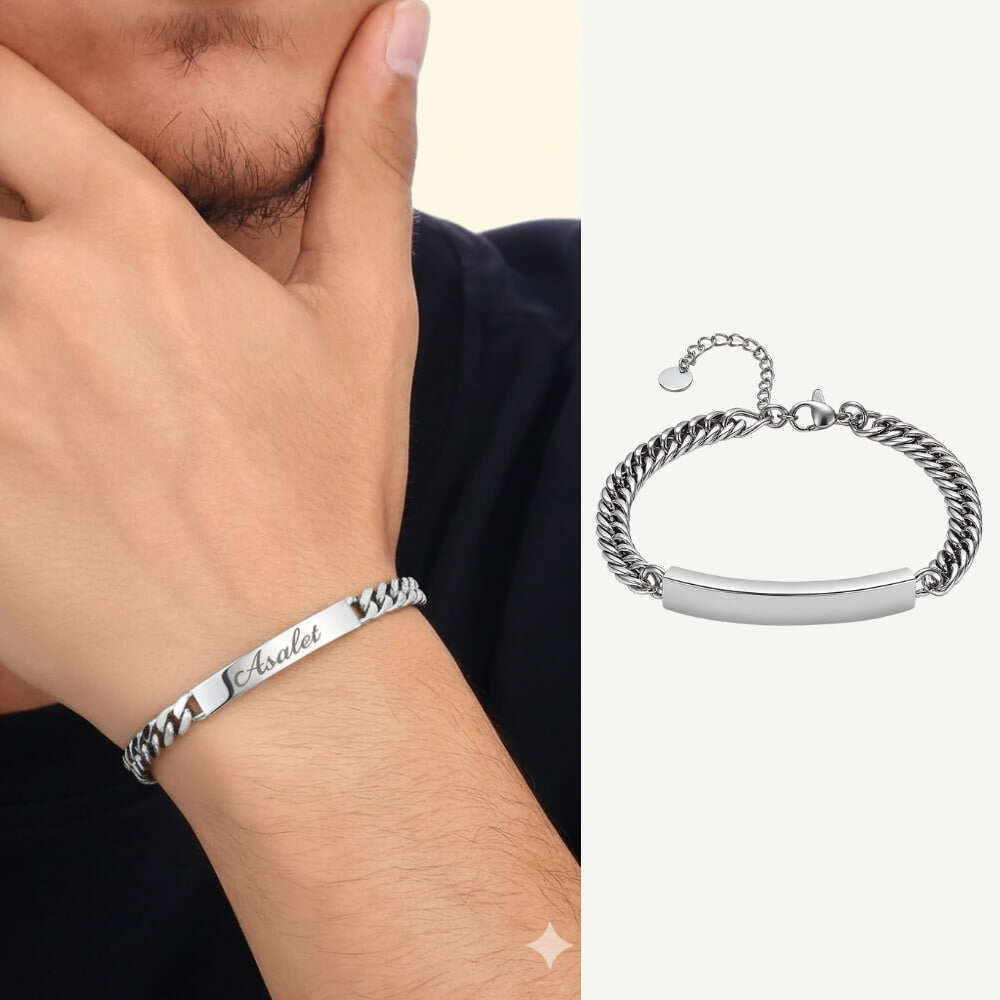 Erkek Çelik Bileklik - İsme Özel Yazılı - Gurmet Model - Gümüş Renk - 1